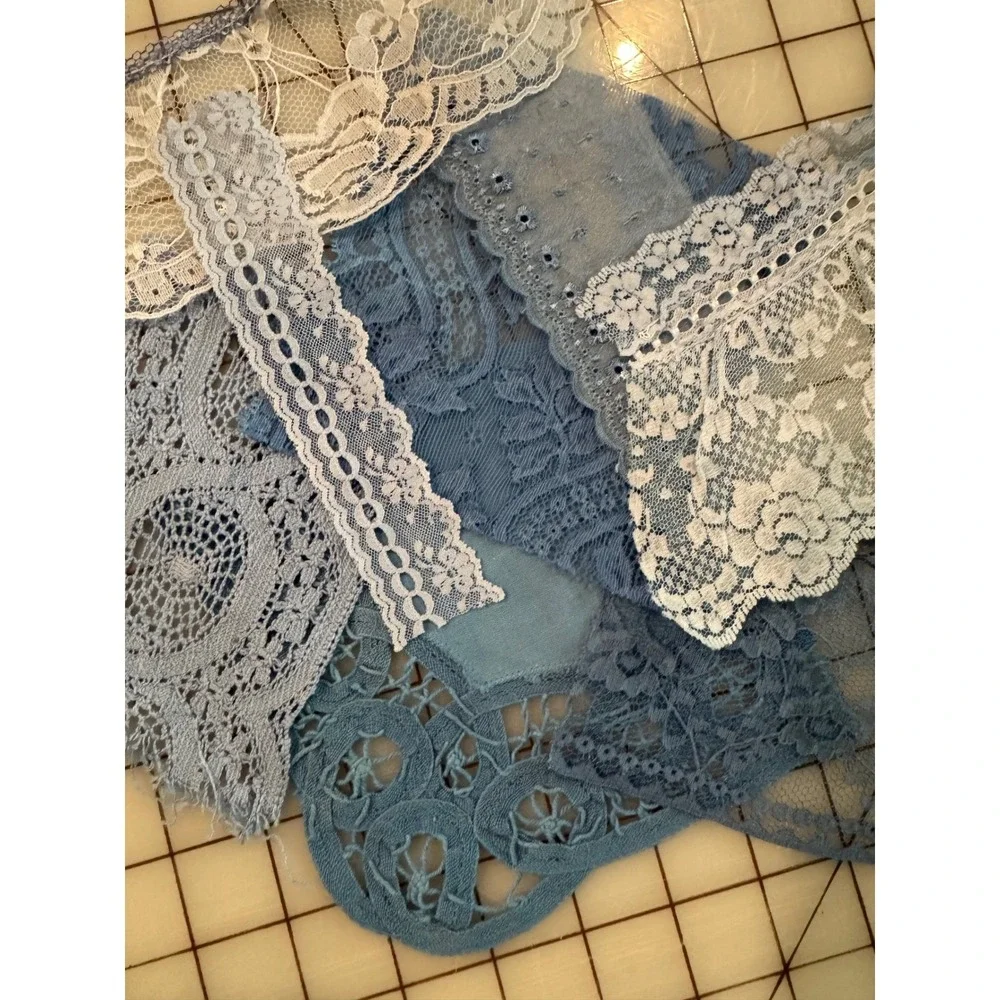 Blue & Pink Kit 35+ Vintage Embroidered Linens Lace Button Junk Journal vintage